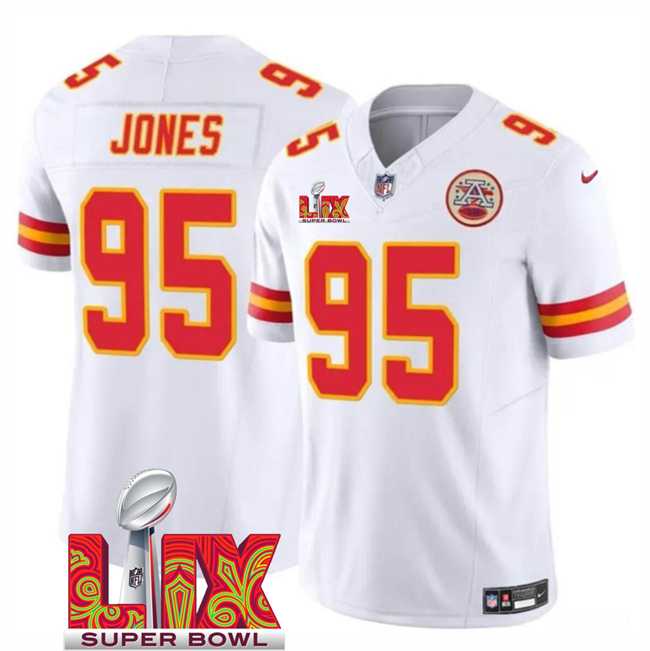 Men & Women & Youth Kansas City Chiefs #95 Chris Jones White 2025 Super Bowl LIX Patch F.U.S.E. Vapor Limited Stitched Jersey